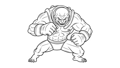 A muscular bald and menacing character with a large build and aggressive stance appearing ready to pounce or attack with a fierce expression