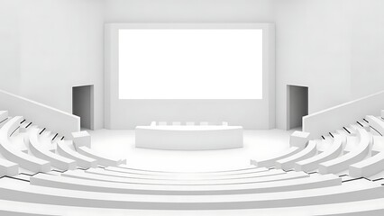 Modern White Auditorium with Large Screen and Tiered Seating.