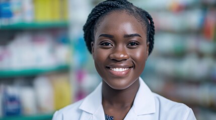 Smiling pharmacist working at a pharmacy in the city