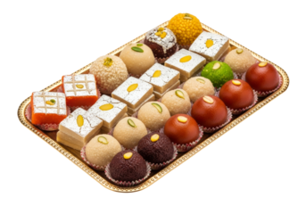 assorted indian mithai on decorative platter - colorful festive sweets tray