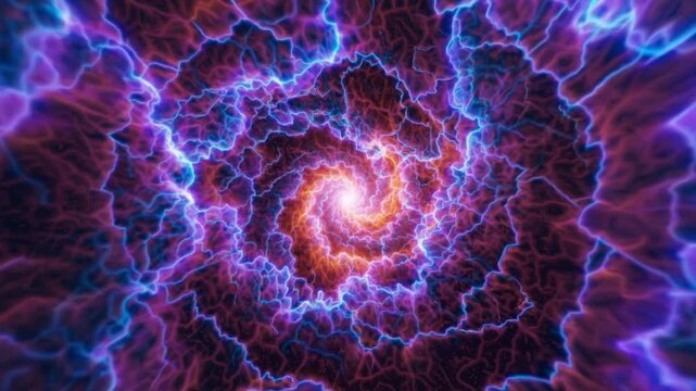 electric spiral fractal radiating toward core, psychedelic purple and blue veins twist into luminous whirl, astronomer, meditator and explorer drawn into hypnotic motion with radiant plasma pulses