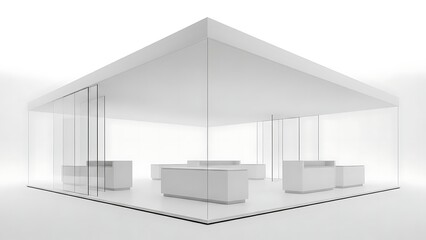 Modern minimalist exhibition booth with glass walls and white furniture.