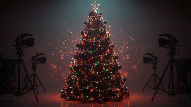 Creative Christmas Tree Made of Camera Lenses and Photography Equipment in Professional Studio Setup