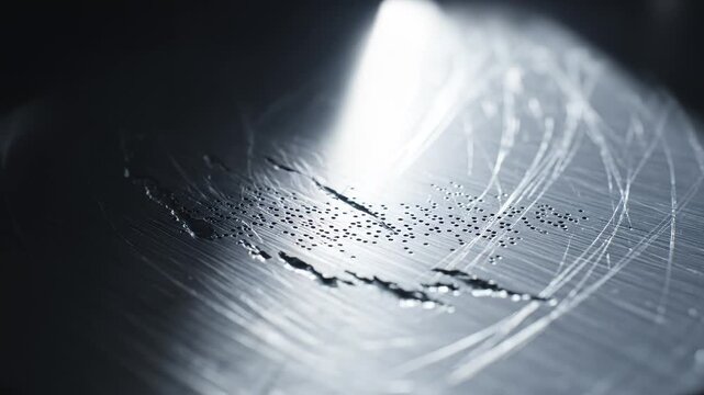 Closeup of scratched metallic surface with water droplets