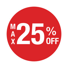 &rdquo;MAX25%OFF&rdquo; の文字入りマーク　円形　背景透過　赤色
