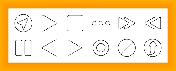 Media control set icon. Arrows, play, stop, pause, record, fast-forward, rewind, and upload symbols outlined to depict video and audio playback functions.