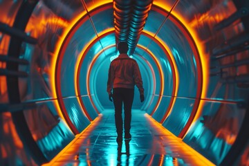 Person walking through futuristic neon lit tunnel