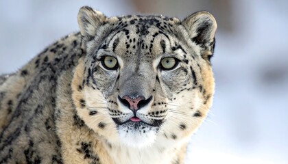 Close-up portrait of a majestic snow leopard in its natural snowy habitat.