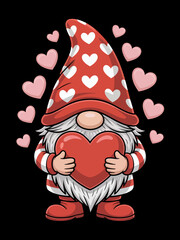 A cute gnome stands on a black background, wearing a red hat decorated with white hearts.