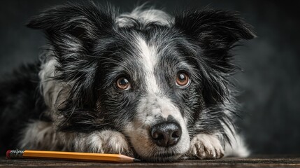 Close-up Portrait of a Pensive Border Collie with Pencil on Wood Table