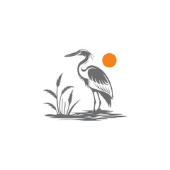 Silhouette of a crane standing near green grass bushes with sun background. Isolated vector image on a white background for printing on clothing, ceramics, or for logos, signs, emblems.