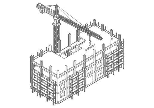 Isometric construction site blueprint, building under construction with tower crane, scaffolding, structural frame, architectural CAD vector style