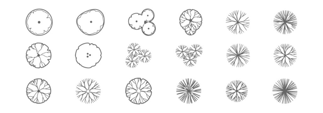 Tree symbols for architectural floor plans, top-down view, round and organic canopy shapes, clean CAD drafting style