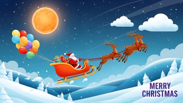 Santa claus riding sleigh pulled by reindeer on a winter night