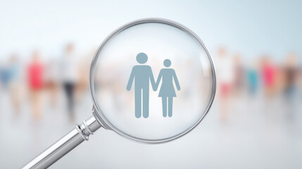 A magnifying glass highlights a couple holding hands amidst a blurred background, symbolizing love and connection.