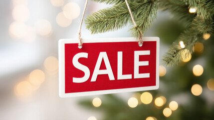 Festive sale sign on Christmas tree, creating a cheerful holiday shopping atmosphere with warm lights.
