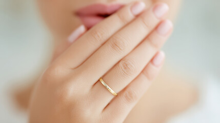 Close-up of a woman's hand with a gold ring, highlighting beauty and elegance in a soft and serene setting.