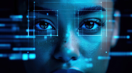 Close-up of a woman's face with digital overlays, showcasing advanced facial recognition technology and software.