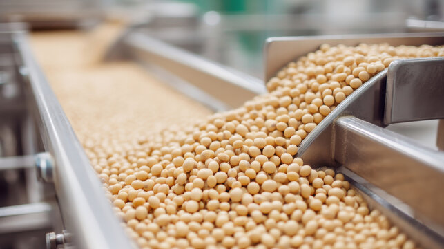 Close-up of soybeans flowing on a conveyor belt in a processing plant, showcasing the agricultural industry.