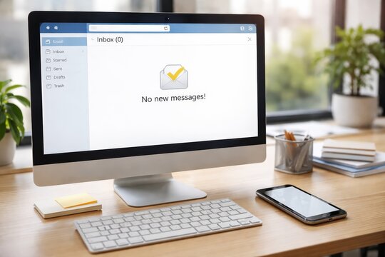 Computer showing inbox zero and smartphone waiting for feedback on clean office desk, email communication concept.   