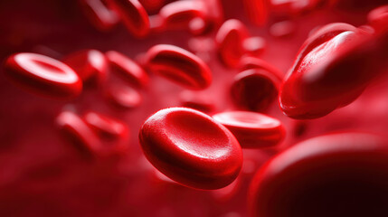 Close-up view of red blood cells flowing through the bloodstream, showcasing their unique shape and vibrant color.