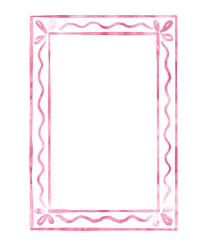 Pink watercolor frame with waves.Hand painted illustrations isolated on white background.