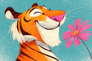 Contemporary art of happy bengal tiger face with pink flower over green background, Illustration animal poster, Funky style
