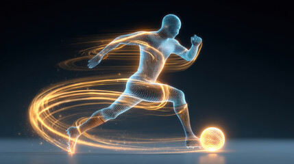 Dynamic silhouette of a football player in motion, surrounded by glowing light effects, showcasing athletic movement.