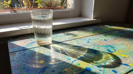 Sunlight filtered through glass of water, creating luminous patterns and shadow waves