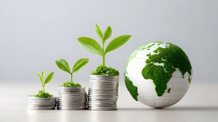 Illustrating economic prosperity and investment in ecological conservation with plants on coins and a green globe representing a sustainable future for the planet