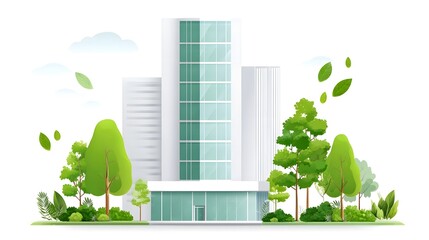 An illust n depicting contemporary skyscrapers surrounded by abundant natural greenery and foliage symbolizing ecological balance and a vibrant healthy urban environment