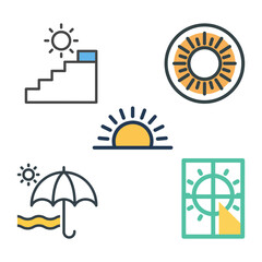 Line art icon set symbolizing goals, sun protection, and new beginnings.