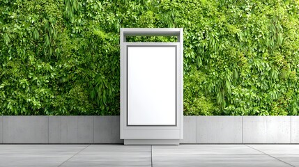 A contemporary empty digital advertising display stands in front of a dense vibrant green vertical garden wall with a concrete base and paved ground suggesting an eco friendly modern environment