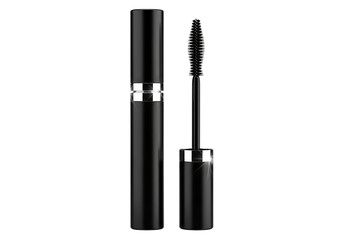 Obraz premium Elegant black mascara tube and wand isolated on transparent background