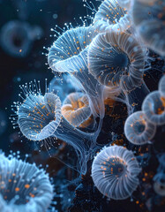 Obraz premium Microscopic view of fungal mycelium network and reproductive spores