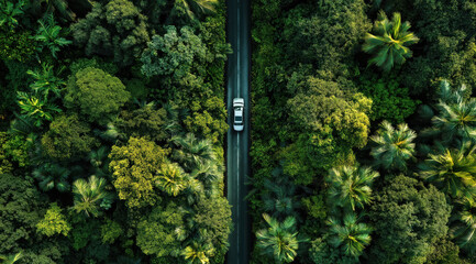 Road through the Lush Green Canopy: An aerial perspective of a winding road weaves its way through a verdant forest, with a solitary car traversing the natural landscape.