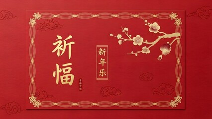 Chinese new year greeting card with ornamental frame and floral elements