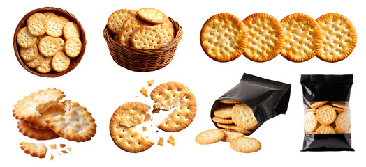 Set of flat crispy circle round crackers, baked thin biscuit snack staple food, rattan basket, takeaway bag package, stack pile broken bite, transparent cutout PNG. Many different style. Mockup design