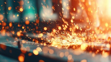 Sparks fly during metalwork at a busy workshop in the afternoon