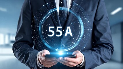 Businessman displays futuristic digital network interface with 55A code. - Powered by Adobe