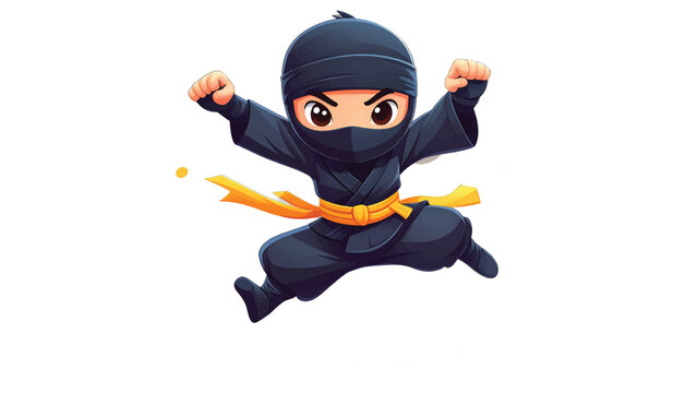 Cartoon Ninja Mid-Air Action Pose with Yellow Belt and Focused Expression.