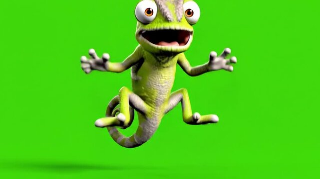 Funny Green Chameleon Cartoon Character Screaming, Jumping, and Dazed on Green Screen.