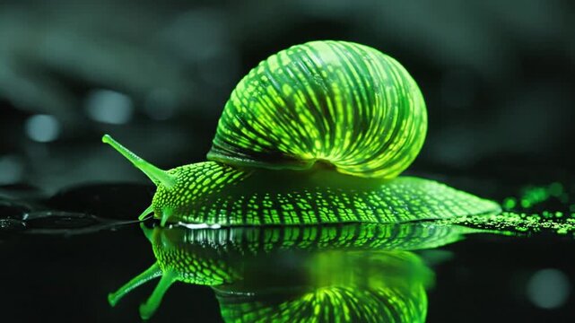 Luminous emerald green snail with striped shell glides across dark reflective water, its vibrant form beautifully mirrored, capturing nature's serene details