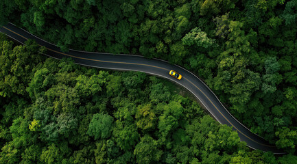 Winding Road in the Green Canopy: A lone vehicle travels along a winding road, its path weaving through a dense, verdant forest, showcasing the harmony of transportation and nature.