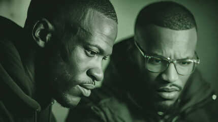 African American man cyber security green light portrait glasses focus concentration technology teamwork serious male adult closeup profile