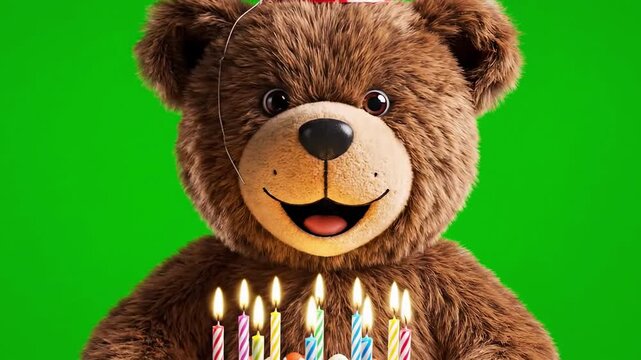 Cute Teddy Bear Wearing Party Hat Holding Birthday Cake with Lit Candles on Green Screen.
