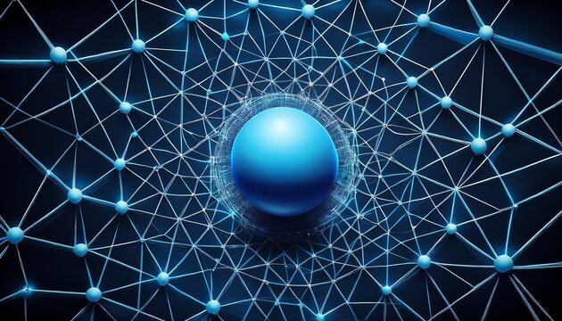 network grid concept with connected spheres and one blue central node representing leadership and communication