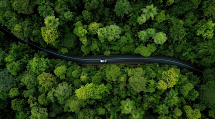 Road Through Lush Forest: A winding road carves its path through a vibrant, dense forest, showcasing the harmony of nature and travel and evoking a sense of adventure. 
