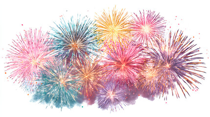 Multicolored fireworks isolated on white background. Fireworks explosion for party, festival, and New Year design.