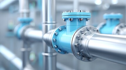 Close up of polished metallic industrial pipes featuring blue valves with bolted flanges part of a functional fluid transport system in a modern industrial setting